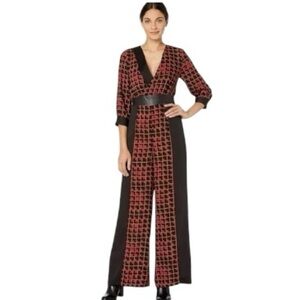 BCBGMAXAZRIA Printed Long Sleeve Jumpsuit & Rompers One Piece : Black/Red Size 2